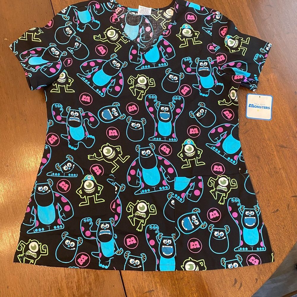 Disney Monsters Scrub Top Womens Size Small Sully and Mike Short Sleeve V-Neck